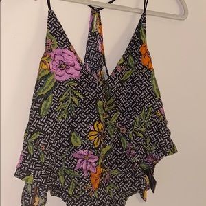 Black and floral flowy cropped shirt